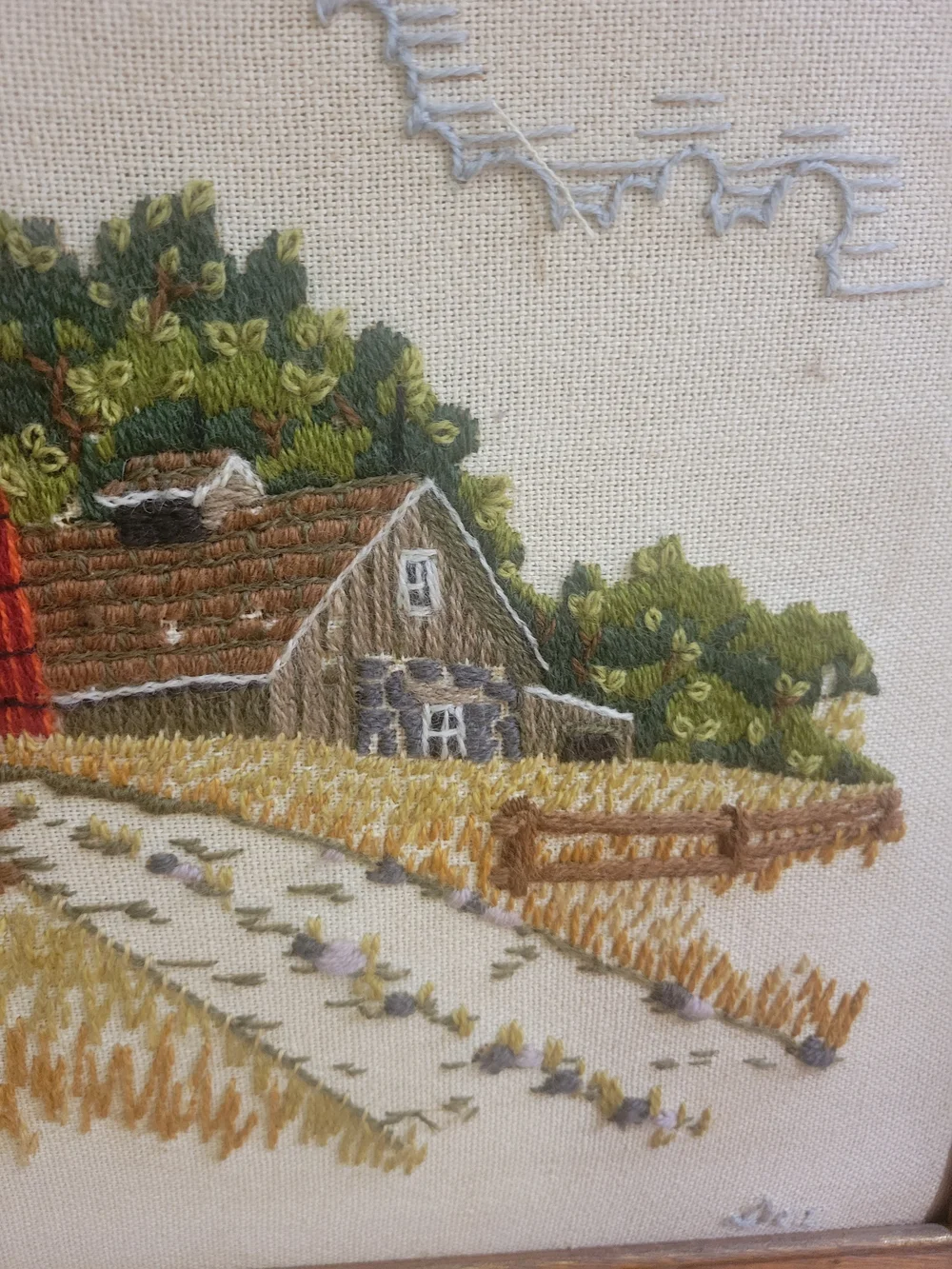 Framed Red Barn Embroidery Wall Art